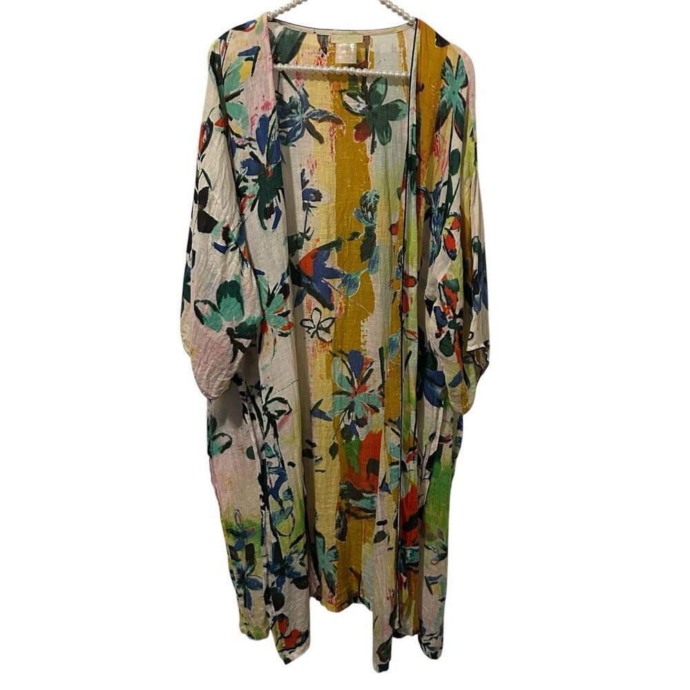 PE'TANU BY PASHMA linen floral kimono duster vibrant abstract print Boho Coastal